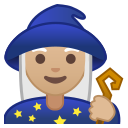 Android Pie; U+1F9D9 U+1F3FC U+200D U+2640 U+FE0F; Mulher Mago: Pele Clara Média Emoji