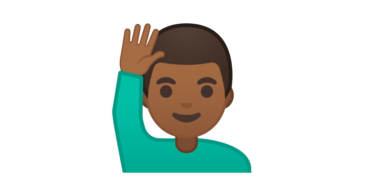 🙋🏾‍♂️ Mann mit erhobenem Arm mitteldunkle HautfarbeEmoji